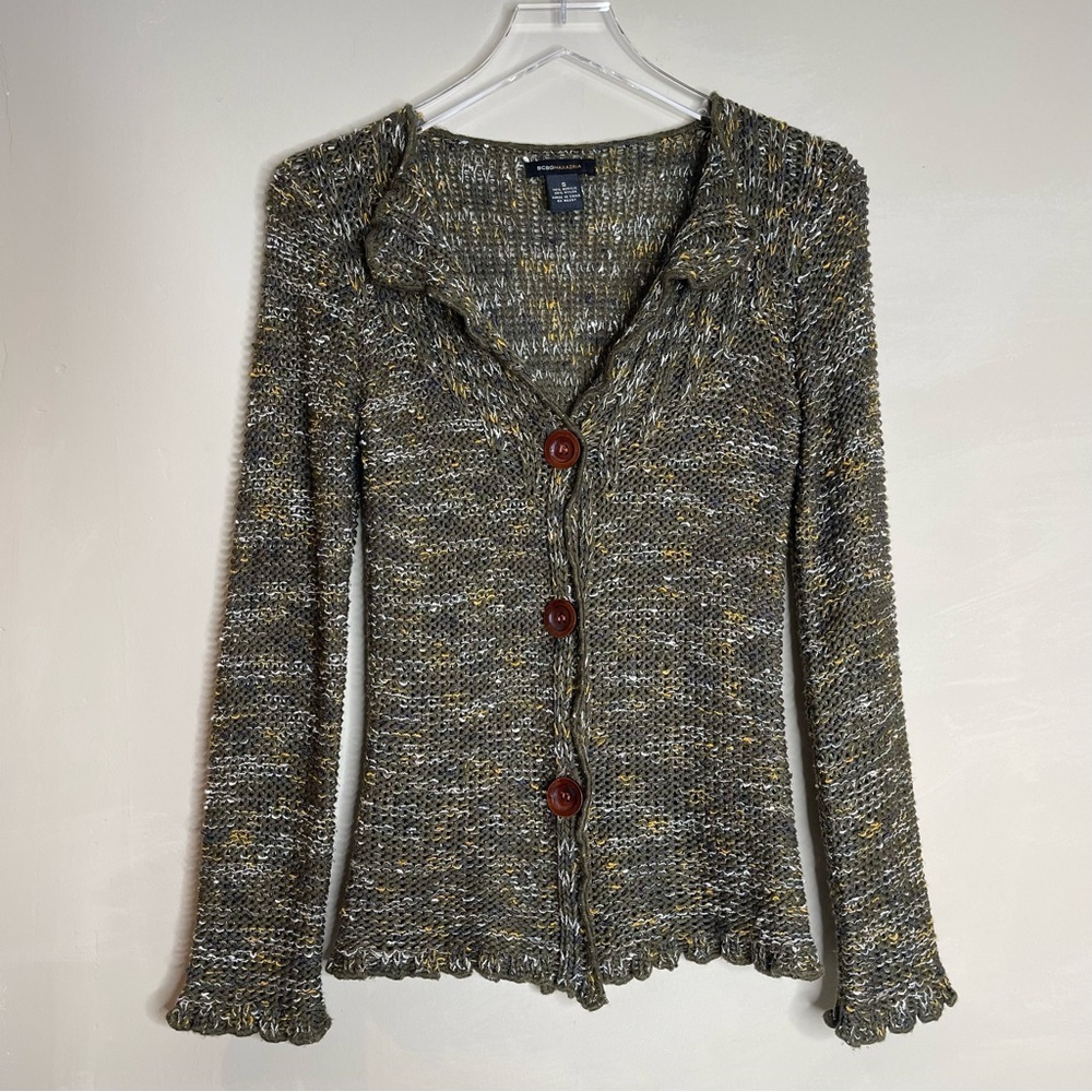 BCBGmaxazria Crochet Knit Button Down Confetti Sweater - Picture 2 of 9